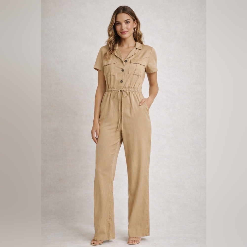 Charlotte Russe Beige Button-Up Jumpsuit